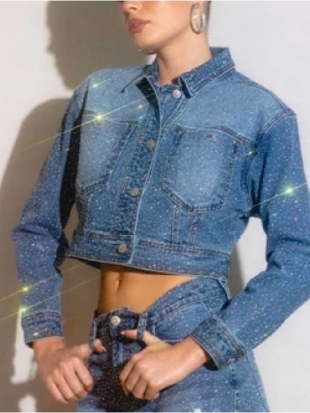 Vibrant Blue Sparkle Cropped Denim Jacket